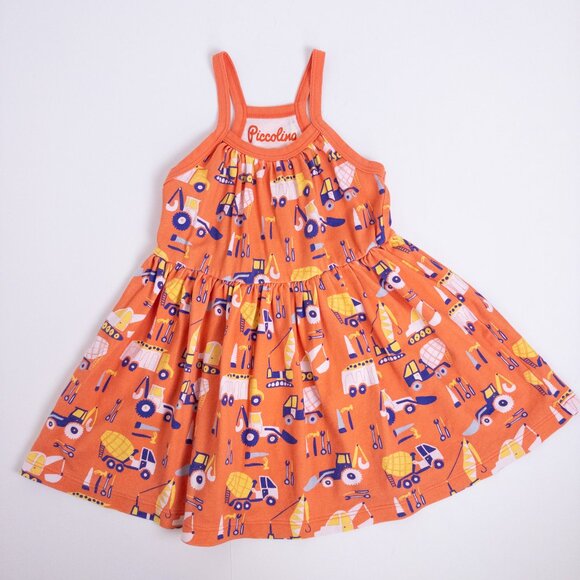 Piccolina Construction Truck Print Sleeveless Summer Tank Dress Orange Girls 2T - Picture 1 of 8